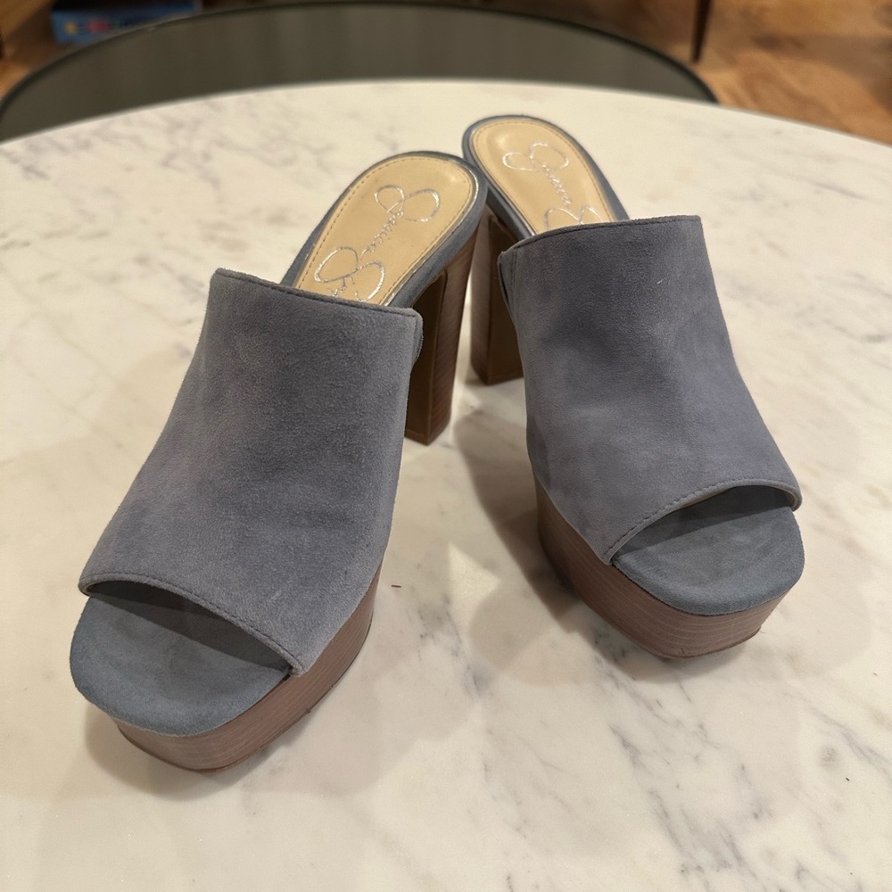 Jessica Simpson blue and brown chunky, heel sandals size 6.5